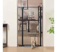 unipaws Barrière de sécurité Extra Haute 142 cm avec chatière, pour Chien et Chat, Largeur 79-95 cm, Fixation par Pression sans perçage, pour escalier ou Porte, Fermeture Automatique, Noir