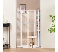 unipaws Barrière de sécurité Extra Haute 142 cm avec chatière, pour Chien et Chat, Largeur 79-95 cm, Fixation par Pression sans perçage, pour escalier ou Porte, Fermeture Automatique, Blanc