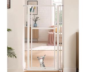 unipaws Barrière de sécurité Transparente Extra Haute 142 cm pour Chien et Chat, Fixation par Pression sans perçage, avec Porte à Fermeture Automatique, Largeur réglable de 75 à 85 cm