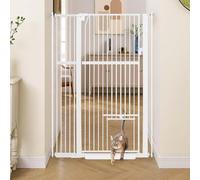 unipaws Barrière Extra Haute 142 cm avec chatière pour Chien et Chat, Largeur Ajustable 79-105 cm, Fixation par Pression sans perçage, Usage escalier ou Porte, Fermeture Automatique, Blanc