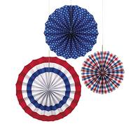 Unique- Lot de 3 décorations d'éventail en Papier-Tailles Assorties-Rouge, Blanc et Bleu-Fête Patriotique, 18838, Multicolore