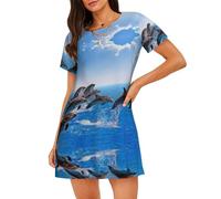 Unique 3D Animal Dolphin Chemise de nuit à manches courtes pour femme Été Famille Casual Essentials Robe Vêtements de maison, Noir , 3XL