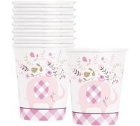Unique 78376 Lot de 8 gobelets en papier pour fête prénatale Motif éléphant floral Rose 255 ml