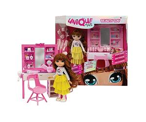 UNIQUE EYES - Set Beauty Day avec poupée articulée Haute 25 cm Incluse Qui Suit Votre Regard, Salon de beauté avec Beaucoup d'accessoires, pour Filles à partir de 3 Ans, Jeux Pretiers, MYM02000