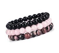 Unique Gems Multi Gemmes 3 pièces Bracelet de pierres précieuses Agate Jaspe Rosenquarz 8mm pierre naturelle discret pour la femme extensible 16cm à 19cm