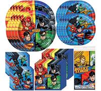 Unique Justice League Party Bundle | Serviettes de table & boissons, assiettes de dîner et dessert, nappe | Idéal pour les fêtes d'anniversaire à thème Action / Superhéros / Comics