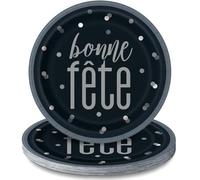 Unique Lot de 8 assiettes en carton Bonne Fête Noir et argent 22,9 cm - Design sophistiqué de célébration pour fêtes et occasions spéciales
