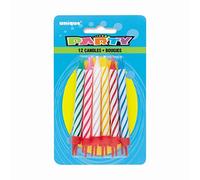 Unique Party - 1940 - Assortiment de 12 Bougies d'Anniversaire à Rayures dans Bougeoirs