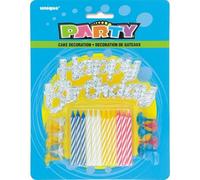 Unique Party - 49001 - Lot de 25 Bougies d'Anniversaire à Rayures avec Bougeoirs et Décoration à Gâteau - Happy Birthday