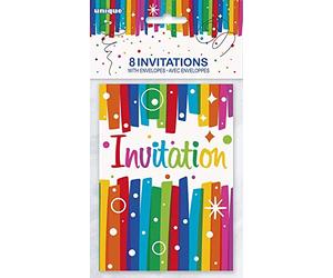 Unique Party - 49574 - Paquet de 8 Invitations de Fête Anniversaire Nœuds Arc-en-Ciel