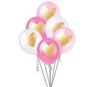 Unique Party 57080 - Ballons de Baudruche - 30 cm - Ballons Roses et Blancs avec Motif Cœur Doré - Paquet de 6