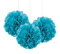Unique Party 64223 Petites Décorations en Pompon en Papier de Soie-23 cm-Couleur Turquoise-Paquet de 3, Bleu Sarcelle
