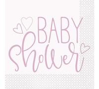 Unique Party 73362 - Serviettes en Papier - 16, 5 cm - Baby Shower À Thème Cœurs Roses - Paquet de 16