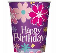 Unique- Gobelets en Carton Fête à Thème Anniversaire Fleur-Paquet de 8, 82212, Multicolour, 8 Unité (Lot de 1)