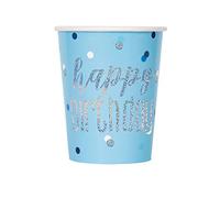 Unique- Gobelets en Carton Fête d'anniversaire à Thème Bleu et Argent Foil Glitz-Paquet de 8, 82247, Blue, Happy Birthday