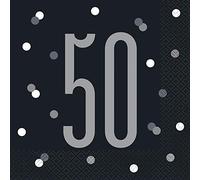 Unique Party 83547 - Serviettes en Papier de 50e Anniversaire - 16,5 cm - Fête d'Anniversaire à thème Noir et Argent Glitz - Paquet de 16