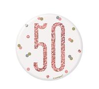 Unique Party 84870 - Badge 50e Anniversaire - 7,5 cm - Fête d'Anniversaire à thème Or Rose Glitz