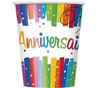 Unique Party - Gobelet Joyeux Anniversaire - 8 pièces - 270 ml - Rainbow Ribbon