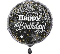 Unique Party - Rond - Ballon en plastique, paillettes, Joyeux anniversaire SG25283 (taille unique) (noir/argent/blanc)