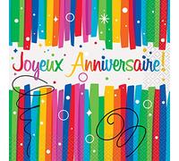 Unique Party - Seviettes en papier Joyeux Anniversaire - 12 paquets de 16 pièces - Rainbow Ribbon, 270 ml