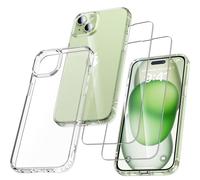 UniqueMe Pour iPhone 15 Coque,5-en-1 Kit Coque pour iPhone 15 Case Protection Cover,1 Coque & 2 Verre Trempé & 2 Caméra Arrière Protecteur - Transparent