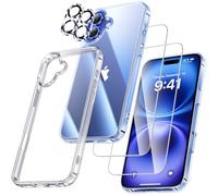 UniqueMe Pour iPhone 16 Coque - Coque pour iPhone 16 Case, 5 en 1 Kit Protection Cover,1 Coque & 2 Verre Trempé & 2 Caméra Arrière Protecteur - Transparent