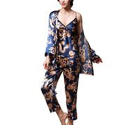 Uniquestyle À Manches Longues Pyjama de Soie de Femme Sexy de Confort Trois-pièces Bleu Taille 2XL=FR L