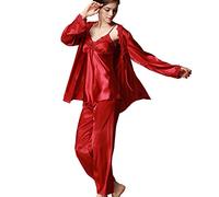 Uniquestyle À Manches Longues Pyjama de Soie de Femme Sexy de Confort Trois-pièces Rouge1, Taille XL=FR M