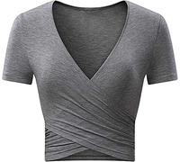 Uniquestyle Femme Col V Manches Courtes Tee Shirt Top Wrap Hauts Plume Taille Loose
