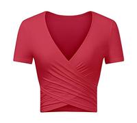 Uniquestyle Femme Col V Manches Courtes Tee Shirt Top Wrap Hauts Plume Taille Loose