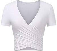 Uniquestyle Femme Col V Manches Courtes Tee Shirt Top Wrap Hauts Plume Taille Loose (Blanc, Large)