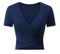 Uniquestyle Femme Col V Manches Courtes Tee Shirt Top Wrap Hauts Plume Taille Loose (Bleu foncé, X-Large)