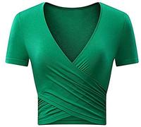 Uniquestyle Femme Col V Manches Courtes Tee Shirt Top Wrap Hauts Plume Taille Loose (Vert, Medium)