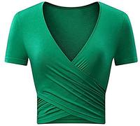 Uniquestyle Femme Col V Manches Courtes Tee Shirt Top Wrap Hauts Plume Taille Loose (Vert1, Medium)