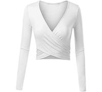 Uniquestyle Femme Col V Manches Courtes Tee Shirt Top Wrap Hauts Plume Taille Loose (Z-ML-Blanc, Medium)