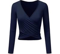 Uniquestyle Femme Col V Manches Courtes Tee Shirt Top Wrap Hauts Plume Taille Loose (Z-ML-Bleu, Small)