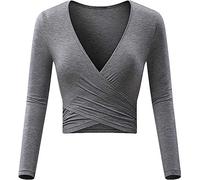 Uniquestyle Femme Col V Manches Courtes Tee Shirt Top Wrap Hauts Plume Taille Loose (Z-ML-Gris, Small)
