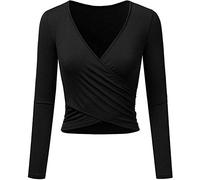 Uniquestyle Femme Col V Manches Courtes Tee Shirt Top Wrap Hauts Plume Taille Loose (Z-ML-Noir, Small)