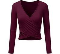 Uniquestyle Femme Col V Manches Courtes Tee Shirt Top Wrap Hauts Plume Taille Loose (Z-ML-Vin Rouge, Medium)