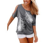 Uniquestyle Femme Épaules Dénudées Manches Courtes Tee Shirt Top Haut Imprimé Plume Taille Loose Gris S