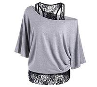 Uniquestyle Femme Été Manches de T-Shirt Deux Pièces Dentelle Gilet en Dentelle 2 pièces Chemises Off épaule Blouse (Gris, XX-Large)
