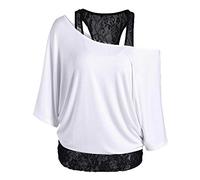 Uniquestyle Femme Été Manches de T-Shirt Deux Pièces Dentelle Gilet en Dentelle 2 pièces Chemises Off épaule Blouse (Blanc, Large)