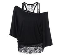 Uniquestyle Femme Été Manches de T-Shirt Deux Pièces Dentelle Gilet en Dentelle 2 pièces Chemises Off épaule Blouse Black L