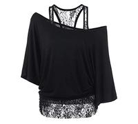 Uniquestyle Femme Été Manches de T-Shirt Deux Pièces Dentelle Gilet en Dentelle 2 pièces Chemises Off épaule Blouse (Noir, Medium)