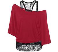 Uniquestyle Femme Été Manches de T-Shirt Deux Pièces Dentelle Gilet en Dentelle 2 pièces Chemises Off épaule Blouse Red M