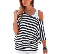 Uniquestyle Femme Tee Shirt Rayé Femme Été Deux Pièces Rayure 2 pièces Chemises Off épaule Blouse Black1 XXL
