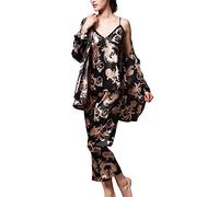 Uniquestyle Pyjama Femme Satin À Manches Longues Pyjama de Soie de Femme Sexy de Confort Trois-pièces Noir, Taille XL=FR M