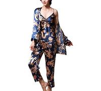 Uniquestyle Pyjama Femme Satin Bleu À Manches Longues Pyjama de Soie de Femme Sexy de Confort Trois-pièces Bleu Taille 3XL=FR XL