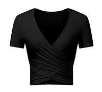 Uniquestyle T Shirt Extensible été Casual Vintage Serré Croix Avant Crop Tops Haut Tops Manches Courtes Noire M