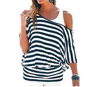 Uniquestyle t-Shirt Femme rayé Été Manches Courtes de T-Shirt Deux Pièces Dentelle Gilet en Dentelle 2 pièces Chemises Off épaule Blouse (Bleu1, XX-Large)